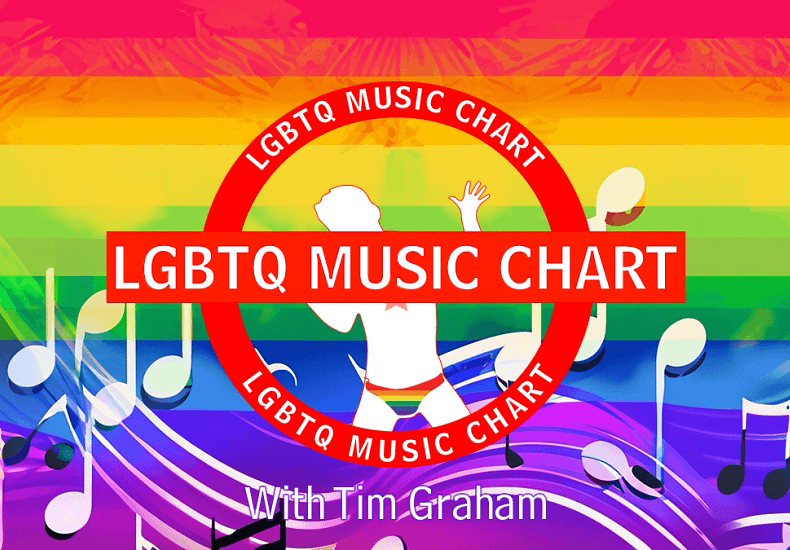 LGBTQ Music Chart logo with LGBTQ colours in the background with music notes